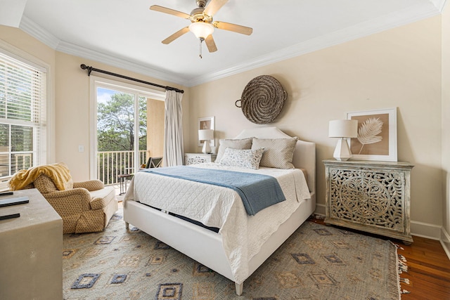 bedroom featuring ceiling fan, ornamental molding, dark wood-type flooring, and access to outside