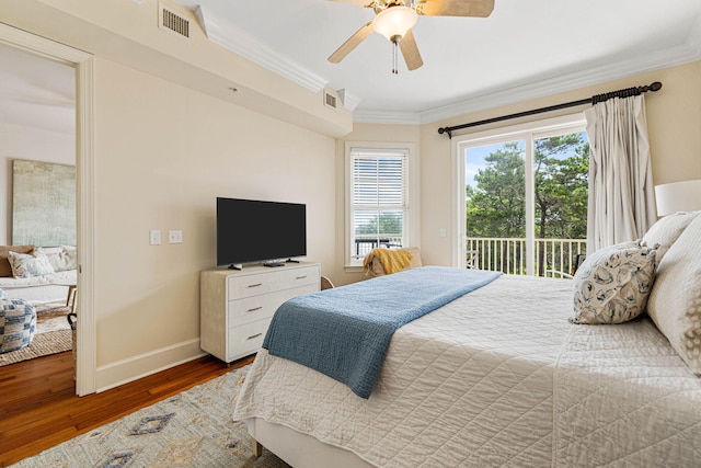 bedroom featuring access to outside, ornamental molding, hardwood / wood-style floors, and ceiling fan