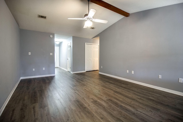 unfurnished room featuring dark hardwood / wood-style flooring, vaulted ceiling with beams, a textured ceiling, and ceiling fan