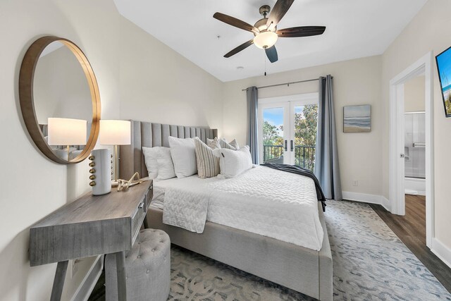 bedroom with ceiling fan, french doors, ensuite bathroom, access to exterior, and dark hardwood / wood-style flooring