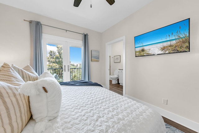 bedroom with wood-type flooring, ceiling fan, french doors, access to outside, and ensuite bath