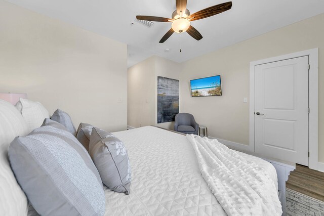 bedroom featuring ceiling fan and light wood-type flooring