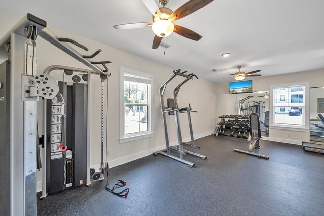 workout area featuring ceiling fan