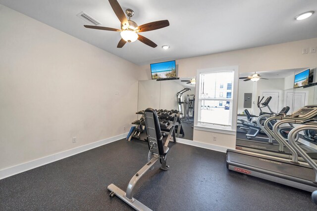 exercise area with ceiling fan