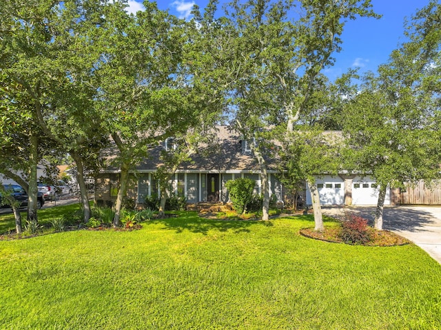 view of property hidden behind natural elements featuring a front yard and a garage