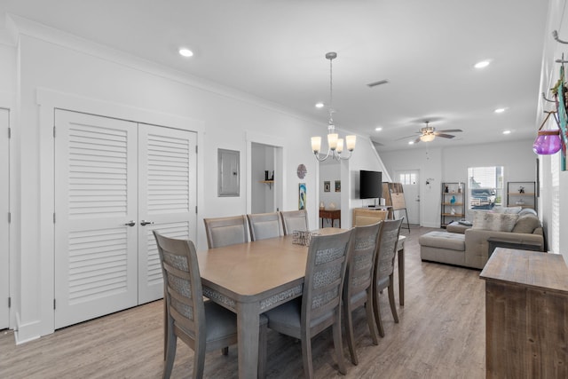 dining space with electric panel, crown molding, light hardwood / wood-style floors, and ceiling fan with notable chandelier