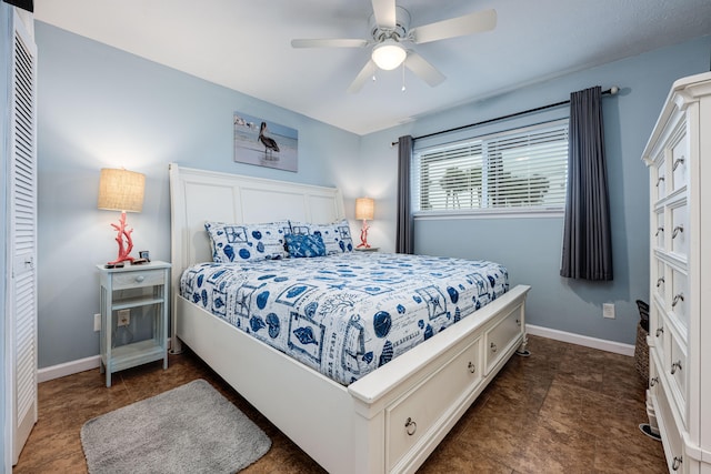 bedroom featuring ceiling fan and a closet