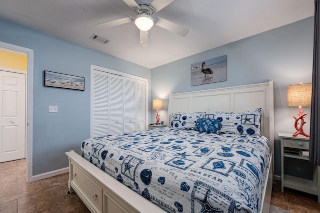 bedroom featuring ceiling fan and a closet