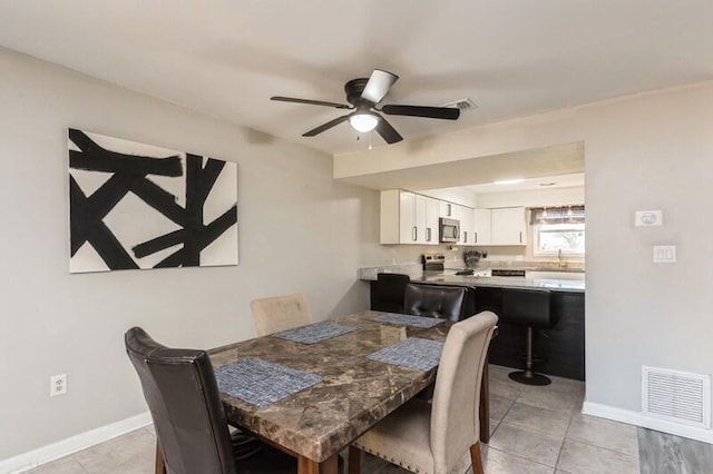 dining area featuring a ceiling fan, visible vents, and baseboards