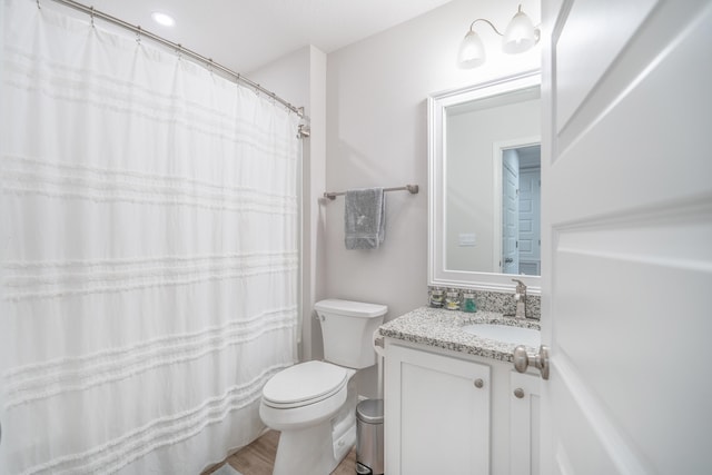 bathroom with vanity, hardwood / wood-style floors, toilet, and a shower with shower curtain