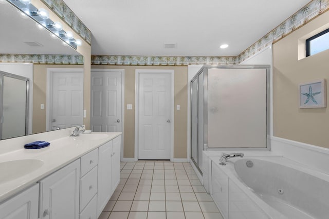 bathroom with vanity, separate shower and tub, and tile patterned floors