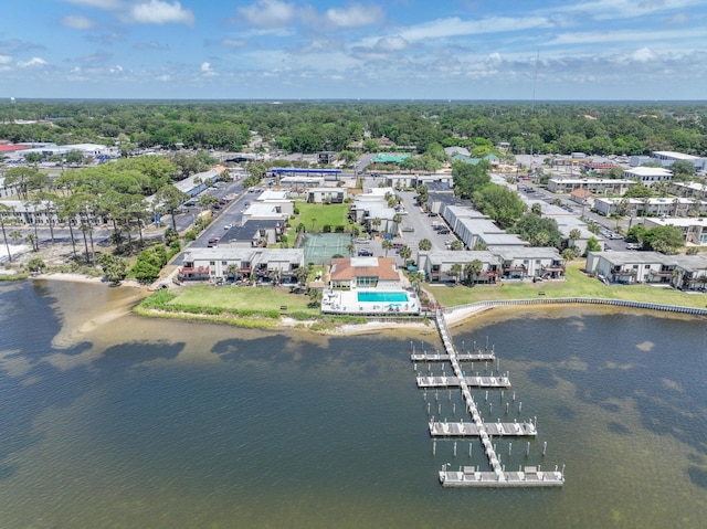 drone / aerial view with a water view