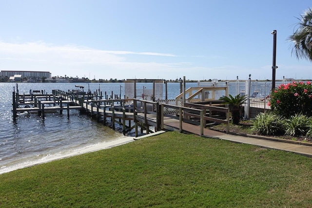 view of dock featuring a water view and a lawn