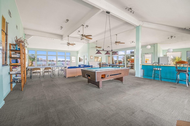 recreation room featuring beamed ceiling, carpet, high vaulted ceiling, and billiards