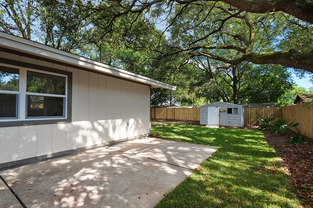 view of yard with a storage unit and a patio