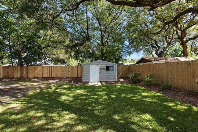 view of yard with a storage shed