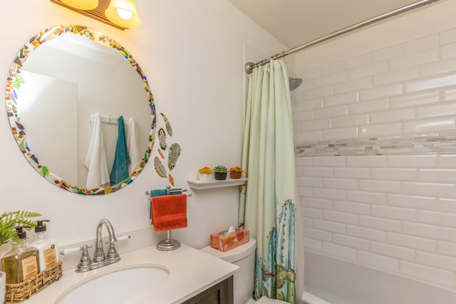 full bathroom with vanity, toilet, and shower / bathtub combination with curtain