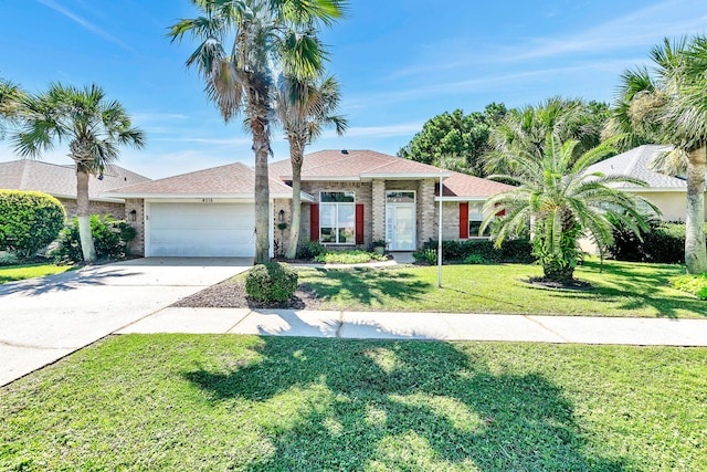 view of front of home with a front yard and a garage