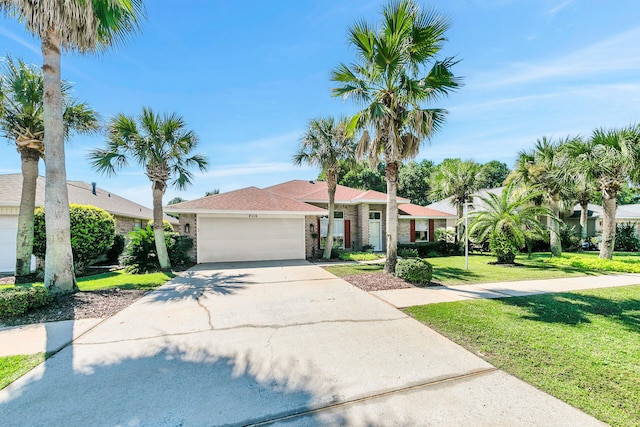 view of front of property featuring a front yard and a garage