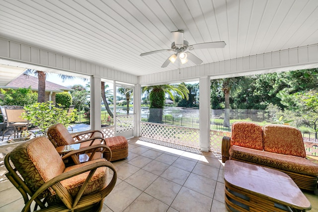 sunroom / solarium featuring wooden ceiling and ceiling fan