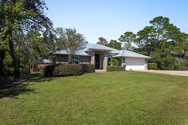 single story home with a front yard and a garage