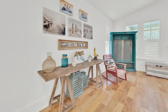 living area featuring vaulted ceiling and wood-type flooring