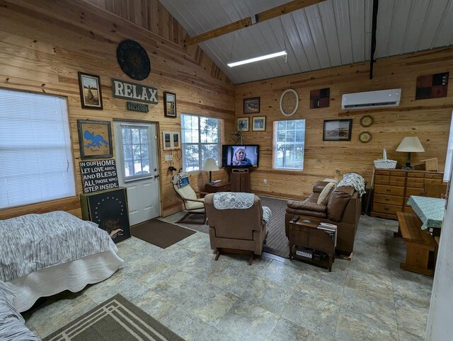 interior space featuring high vaulted ceiling, wooden walls, beam ceiling, and wooden ceiling