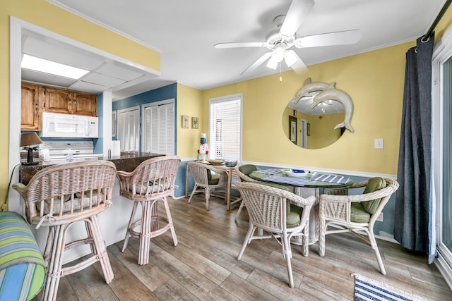 dining room with a paneled ceiling, light hardwood / wood-style floors, crown molding, and ceiling fan