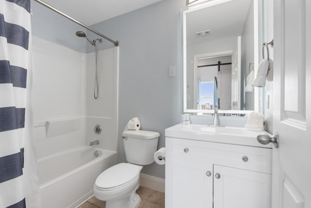 full bathroom featuring shower / bath combination with curtain, tile patterned flooring, vanity, and toilet