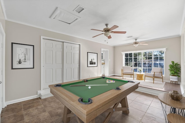 recreation room featuring crown molding, billiards, and tile patterned floors