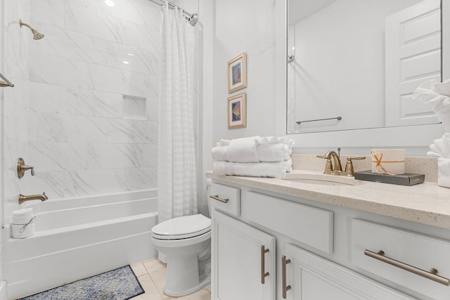 full bathroom with vanity, toilet, tile patterned floors, and shower / bath combination with curtain