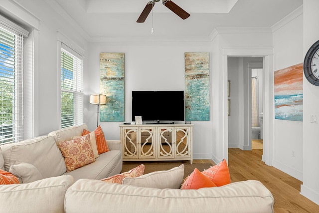 living room with light hardwood / wood-style floors, ornamental molding, and ceiling fan