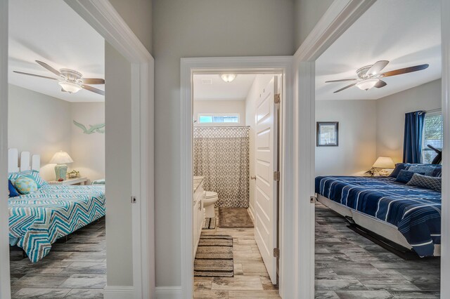 bedroom with connected bathroom, ceiling fan, multiple windows, and hardwood / wood-style floors