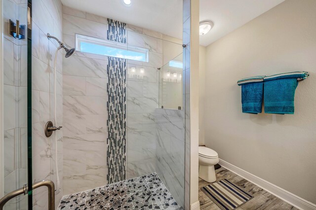 bathroom with walk in shower, wood-type flooring, and toilet