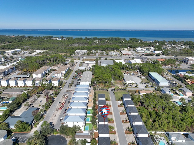 drone / aerial view featuring a water view