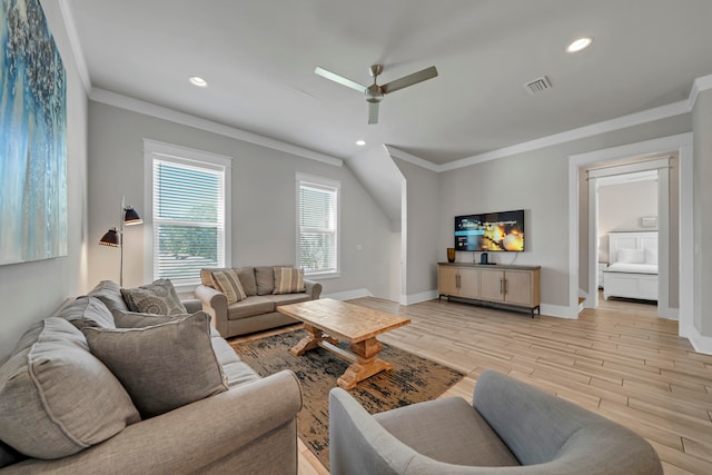 living room featuring light wood-type flooring, ceiling fan, and crown molding