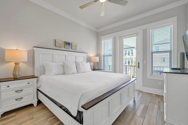 bedroom with light hardwood / wood-style floors, ceiling fan, and crown molding