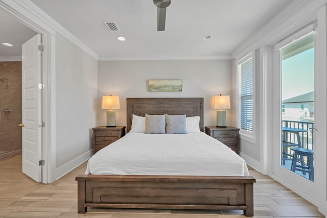 bedroom with ceiling fan, ornamental molding, access to exterior, and multiple windows