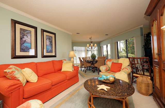 tiled living room featuring a textured ceiling, crown molding, and a notable chandelier