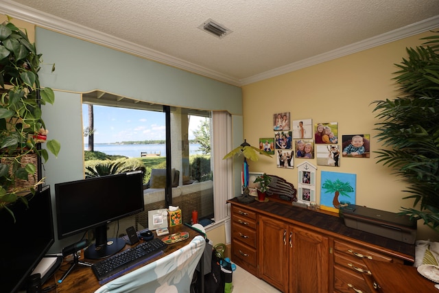 home office featuring a textured ceiling and crown molding