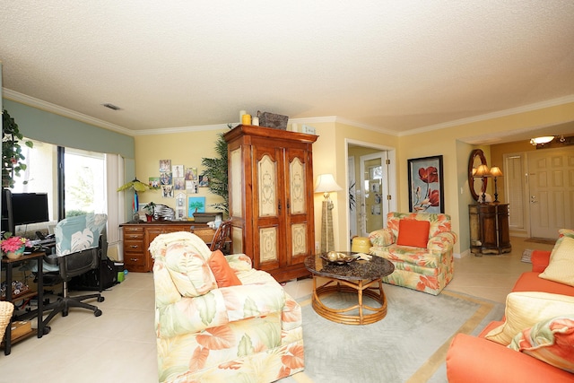 tiled living room featuring a textured ceiling and ornamental molding