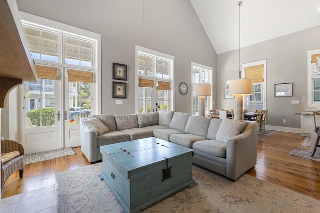 living room with light hardwood / wood-style flooring, french doors, and high vaulted ceiling