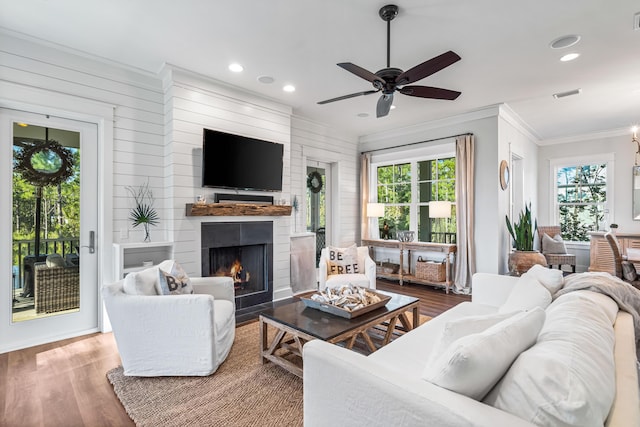 living room featuring a fireplace, wood-type flooring, and plenty of natural light