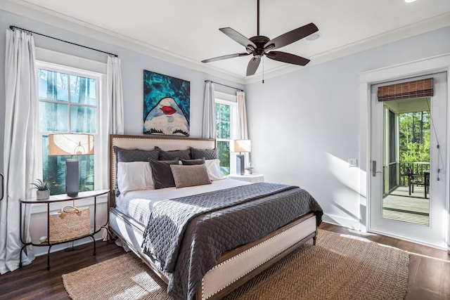 bedroom featuring access to exterior, ceiling fan, crown molding, and dark hardwood / wood-style floors