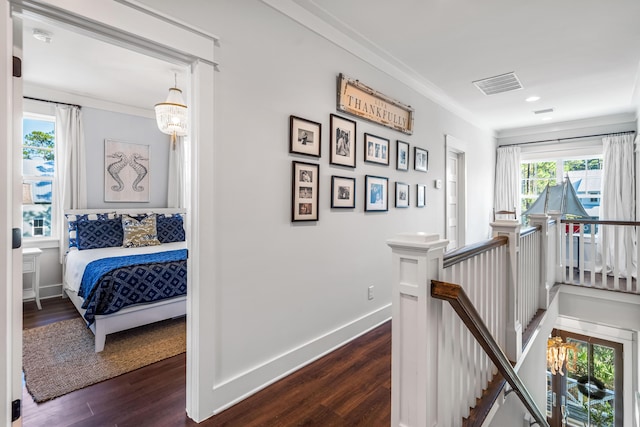 corridor featuring a chandelier, ornamental molding, and dark wood-type flooring