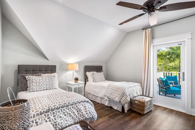 bedroom with hardwood / wood-style flooring, ceiling fan, and vaulted ceiling