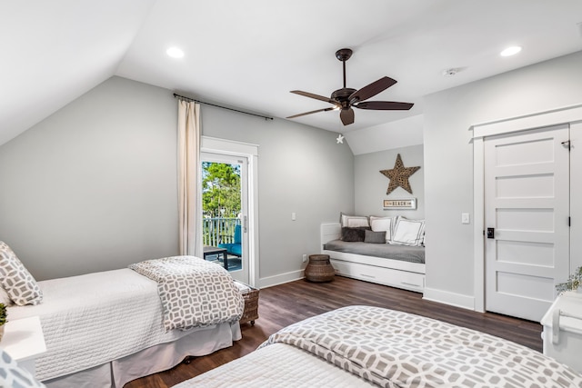 bedroom featuring access to outside, ceiling fan, dark hardwood / wood-style flooring, and lofted ceiling