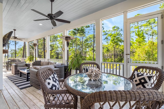 sunroom / solarium featuring ceiling fan and wood ceiling