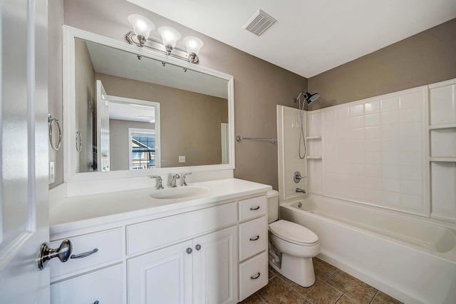 bathroom featuring tile patterned floors, toilet, bathtub / shower combination, visible vents, and vanity