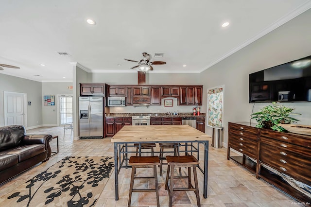 kitchen featuring ceiling fan, visible vents, recessed lighting, and appliances with stainless steel finishes